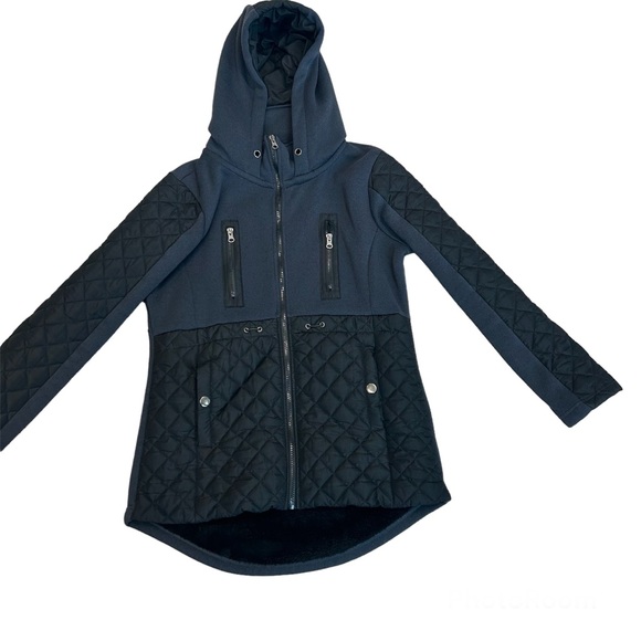 Oxygen navy blue black quilted fleece zippered hooded fall winter jacket - Picture 2 of 13